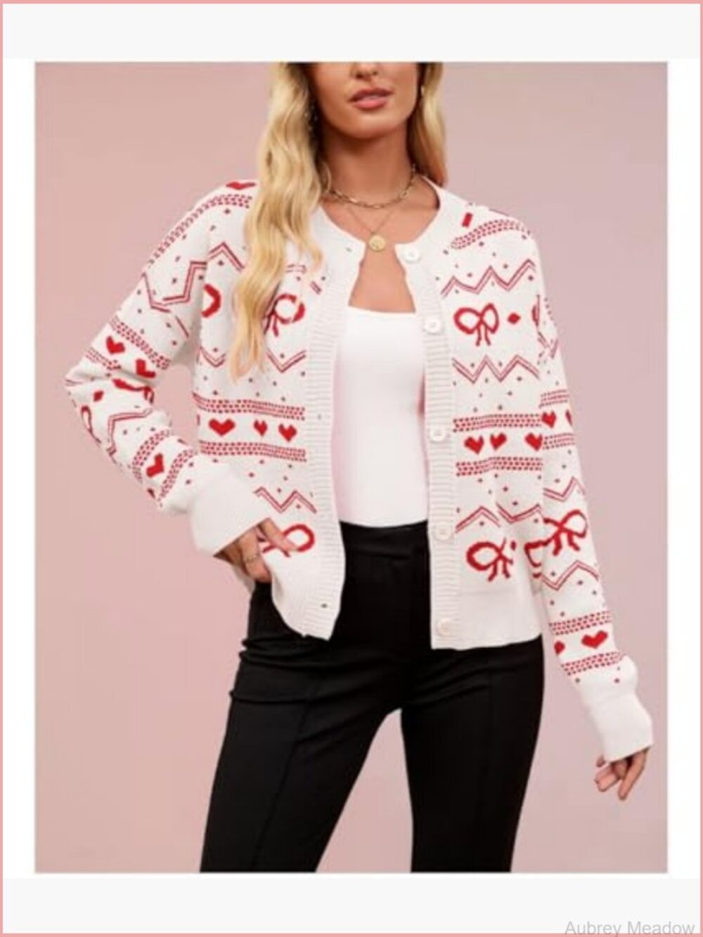 Kawaii Bow Heart Pattern Cropped Button Up Cardigan Sweater - Picture 4 of 7